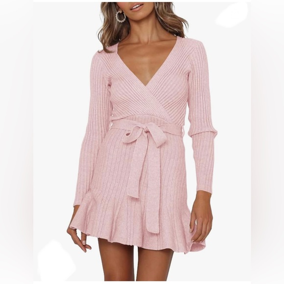 New Pink Faux Wrap V-neck Belted Ribbed Mini Long Sleeve Sweater Dress - Picture 2 of 9